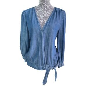 Blue Denim Blouse Balloon Sleeves Tie Waist Belted Hem & Wrist Cuff Size XL